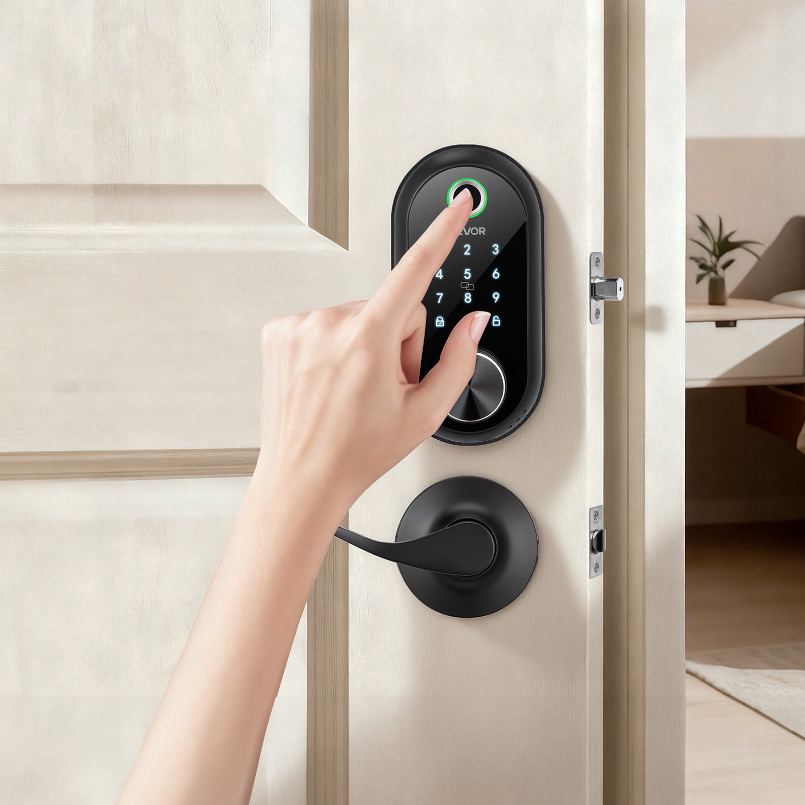 VEVOR Fingerprint Door Lock Set, Electronic Biometric Deadbolt Keyless Entry Door Lock with Handle, Touchscreen, Auto Locking, One-Time Code, Anti-Peeking Password, IC Cards, for Home, Matte Black