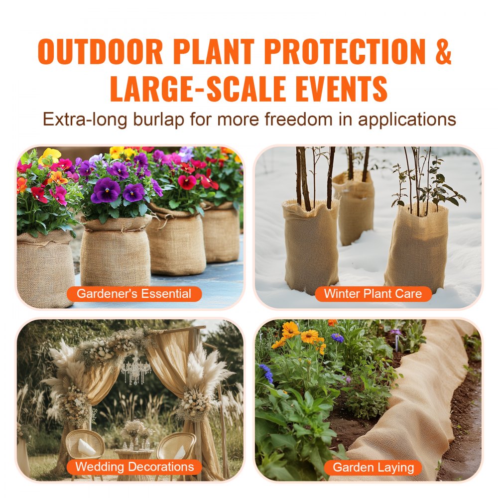 VEVOR Burlap Fabric Roll, 14” x 30 ft & 50 x 50 High Density Wide Natural Burlap Fabric Rolls, Jute Fabric Burlap Tree Wrap Roll, for Decor, Crafts, Wedding, Gardening, Plant & Tree Winter Covering