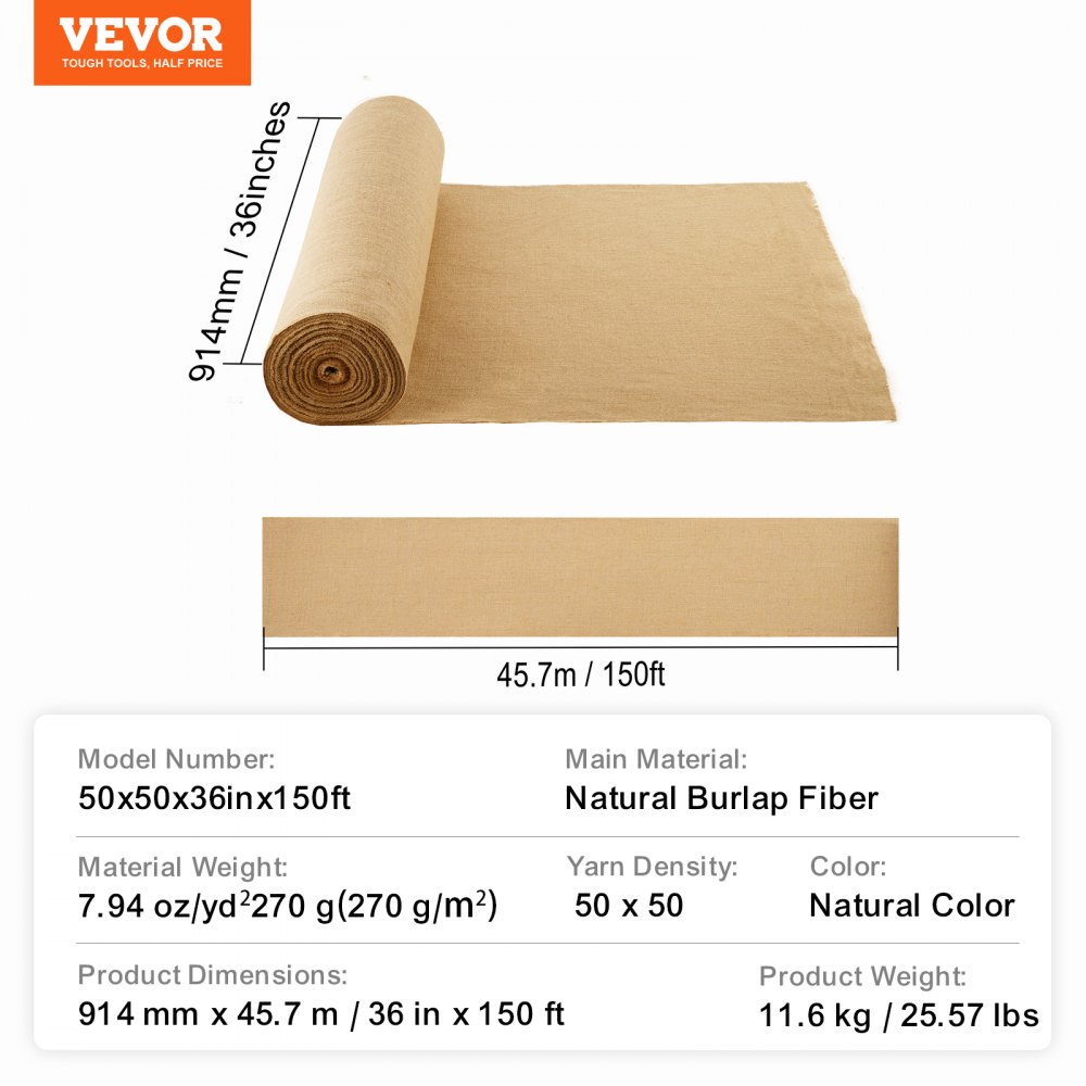 VEVOR Burlap Fabric Roll, 36” x 150 ft & 50 x 50 High Density Wide Natural Burlap Fabric Rolls, Jute Fabric Burlap Tree Wrap Roll, for Decor, Crafts, Wedding, Gardening, Plant & Tree Winter Covering