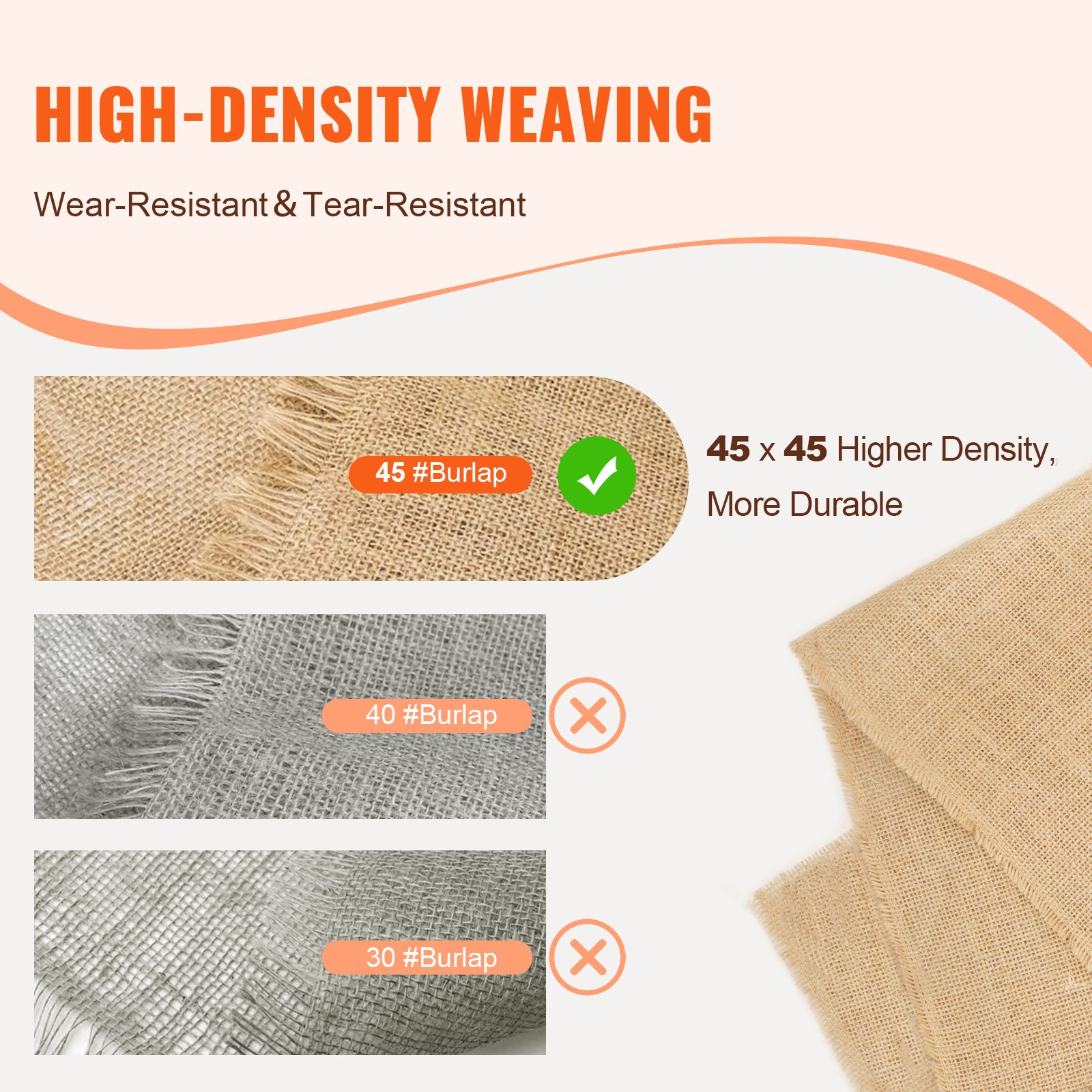 VEVOR Burlap Fabric Roll, 914 mm x 45.7 m & 50 x 50 Density Wide Natural Burlap Fabric Rolls, Jute Fabric Burlap Tree Wrap Roll, for Decor, Crafts, Wedding, Gardening, Plant & Tree Winter Covering