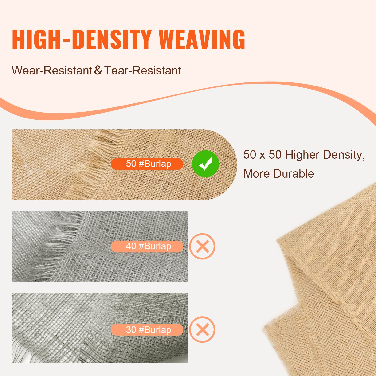 VEVOR Burlap Fabric Roll, 40” x 75 ft & 50 x 50 High Density Wide Natural Burlap Fabric Rolls, Jute Fabric Burlap Tree Wrap Roll, for Decor, Crafts, Wedding, Gardening, Plant & Tree Winter Covering