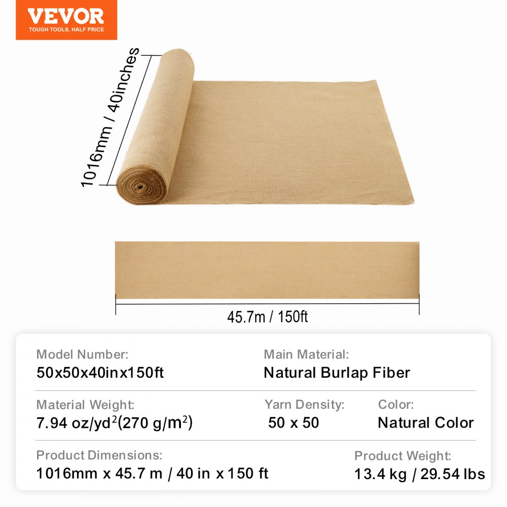 VEVOR Burlap Fabric Roll, 1016 mm x 45.7 m & 50 x 50 Density Wide Natural Burlap Fabric Rolls, Jute Fabric Burlap Tree Wrap Roll, for Decor, Crafts, Wedding, Gardening, Plant & Tree Winter Covering