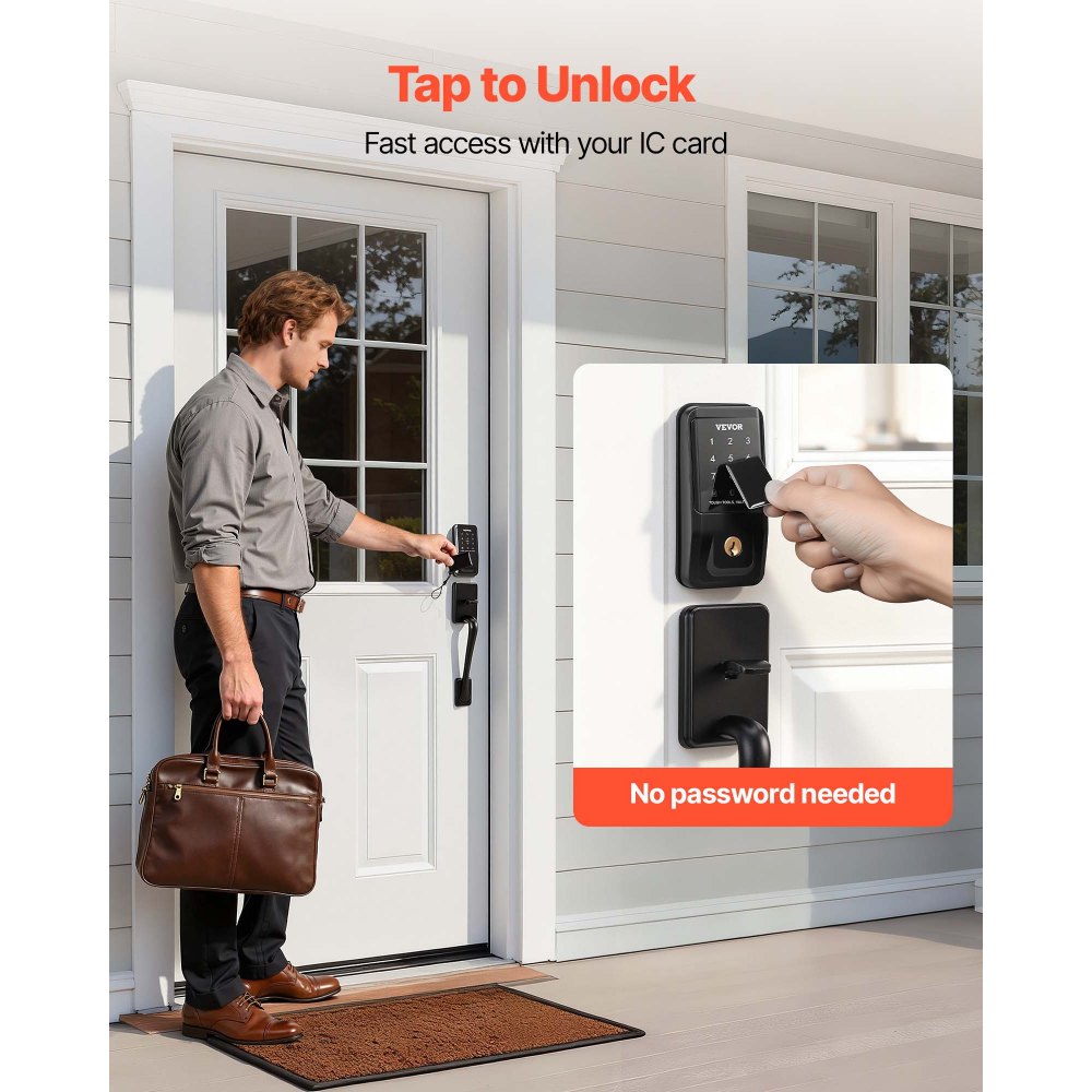 VEVOR Keyless Entry Door Lock with Handle Set, Touchpad Electronic Deadbolt with IC Card, Customizable User Codes, Keyed Entry, Auto Lock, Anti-Peeking Password, Backlit, for Home, Matte Black