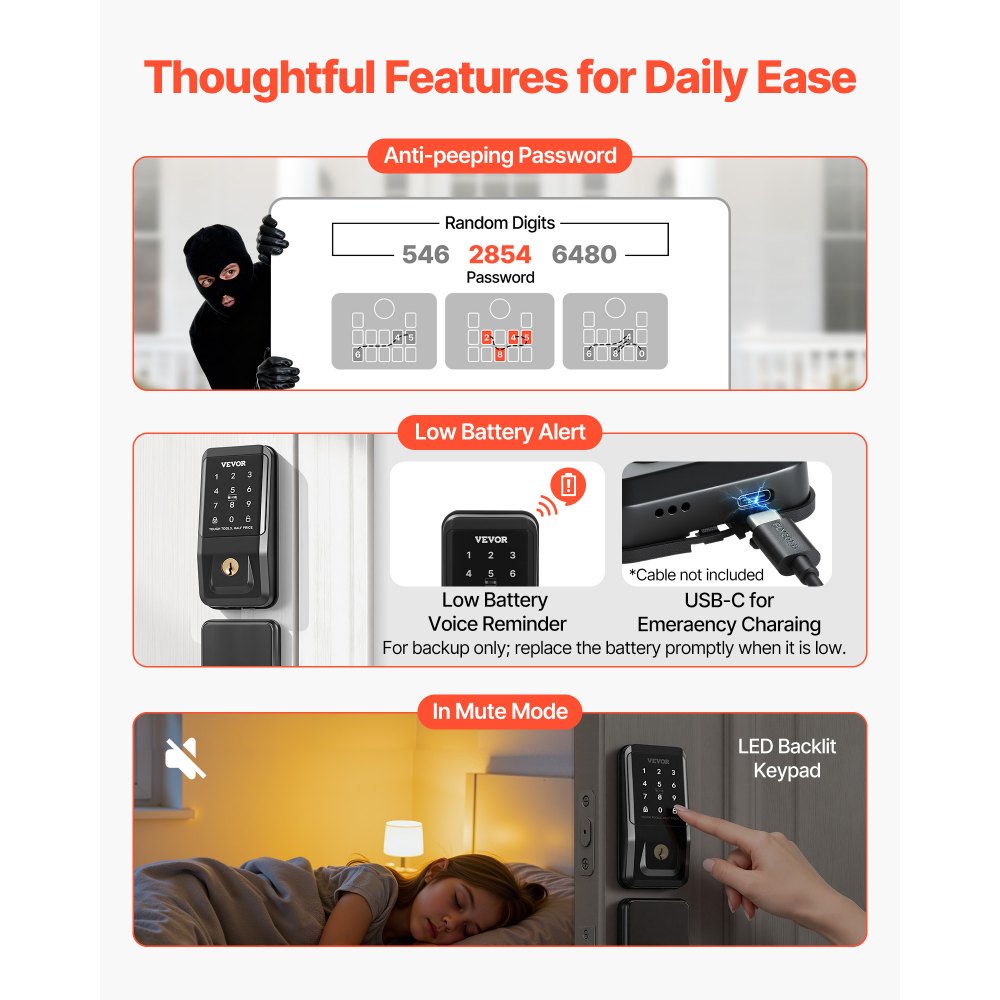 VEVOR Keyless Entry Door Lock with Handle Set, Touchpad Electronic Deadbolt with IC Card, Customizable User Codes, Keyed Entry, Auto Lock, Anti-Peeking Password, Backlit, for Home, Matte Black