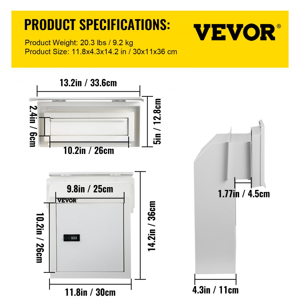 VEVOR Through-The-Door Locking Drop Box Door Drop Box 11.8''x4.3''x14.2'' White