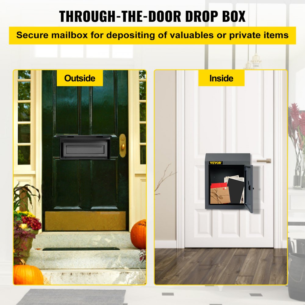 VEVOR Door Drop Box, 11.8'' x 4.3'' x 14.2'' Letterbox Mailbox w/1.77'' Chute & Code Lock, Rainproof Steel Mail Catcher for Depositing Keys, Rents, Checks, Gray, Large