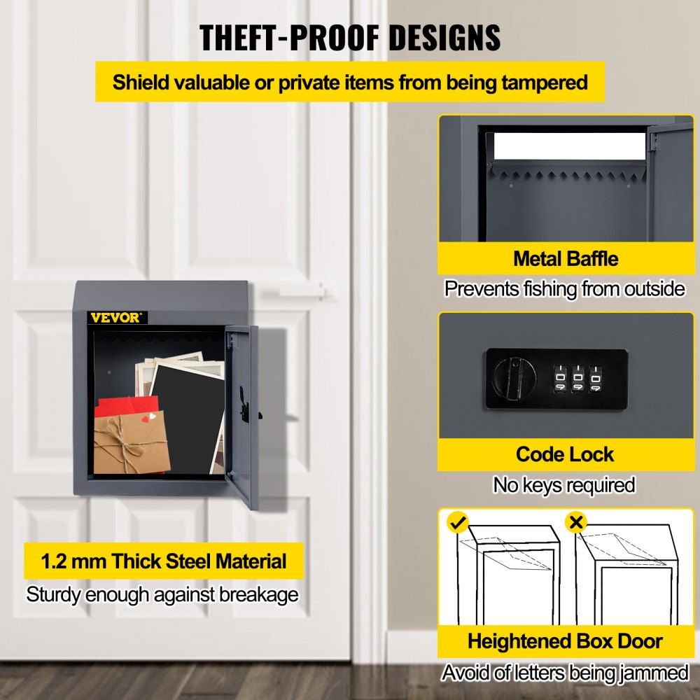VEVOR Door Drop Box, 11.8'' x 4.3'' x 14.2'' Letterbox Mailbox w/1.77'' Chute & Code Lock, Rainproof Steel Mail Catcher for Depositing Keys, Rents, Checks, Gray, Large