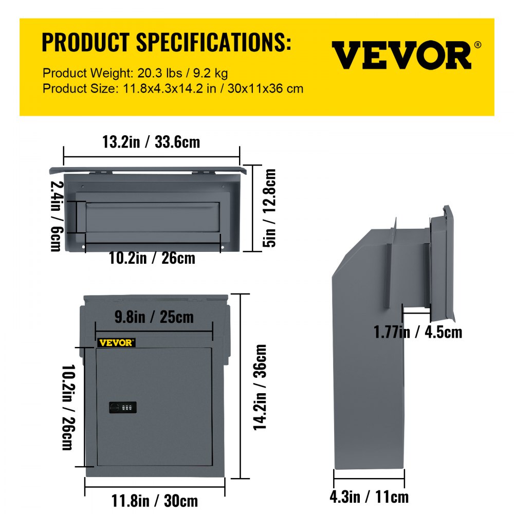 VEVOR Door Drop Box, 11.8'' x 4.3'' x 14.2'' Letterbox Mailbox w/1.77'' Chute & Code Lock, Rainproof Steel Mail Catcher for Depositing Keys, Rents, Checks, Gray, Large