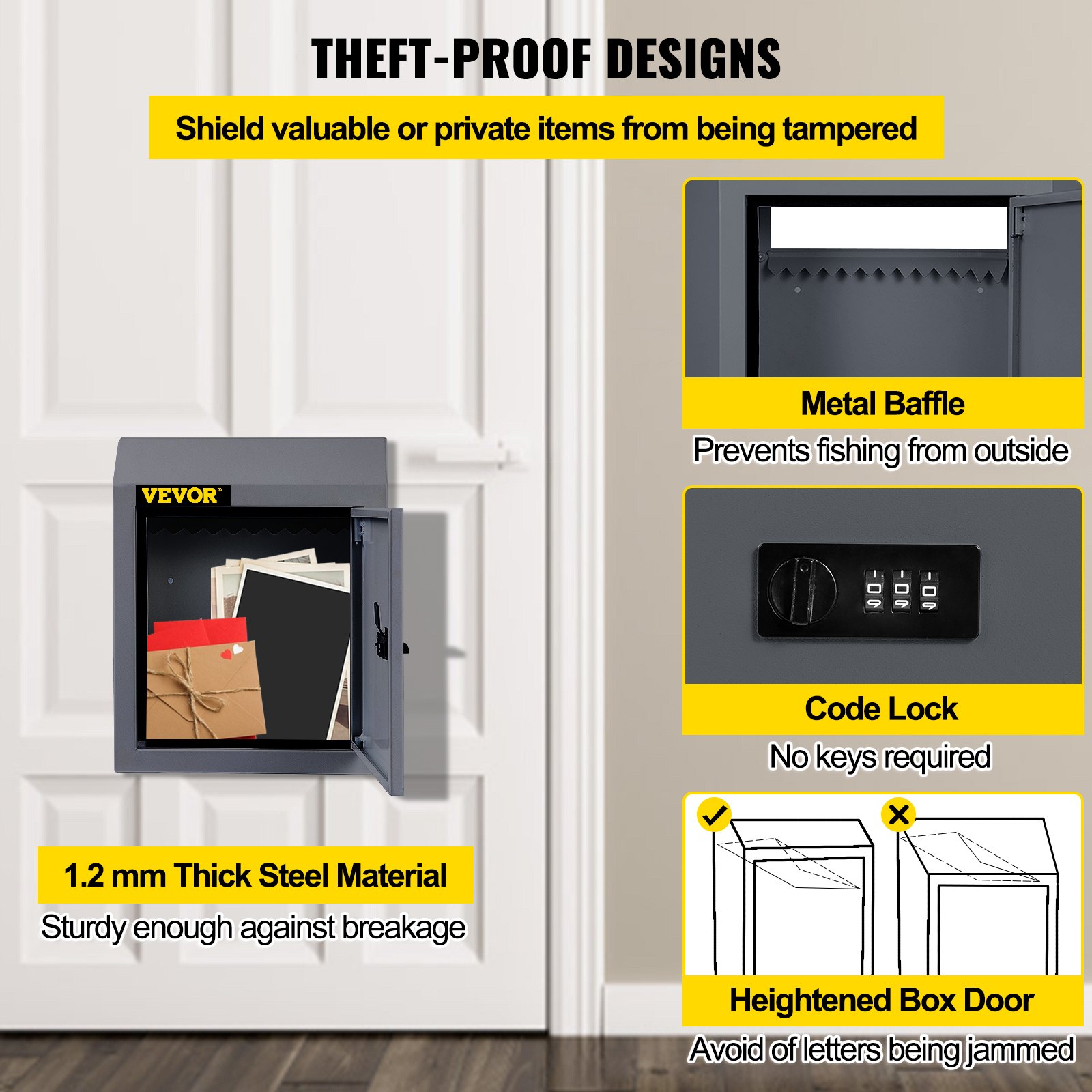 VEVOR Door Drop Box, 11.8'' x 4.3'' x 14.2'' Letterbox Mailbox w/1.77'' Chute & Code Lock, Rainproof Steel Mail Catcher for Depositing Keys, Rents, Checks, Gray, Large