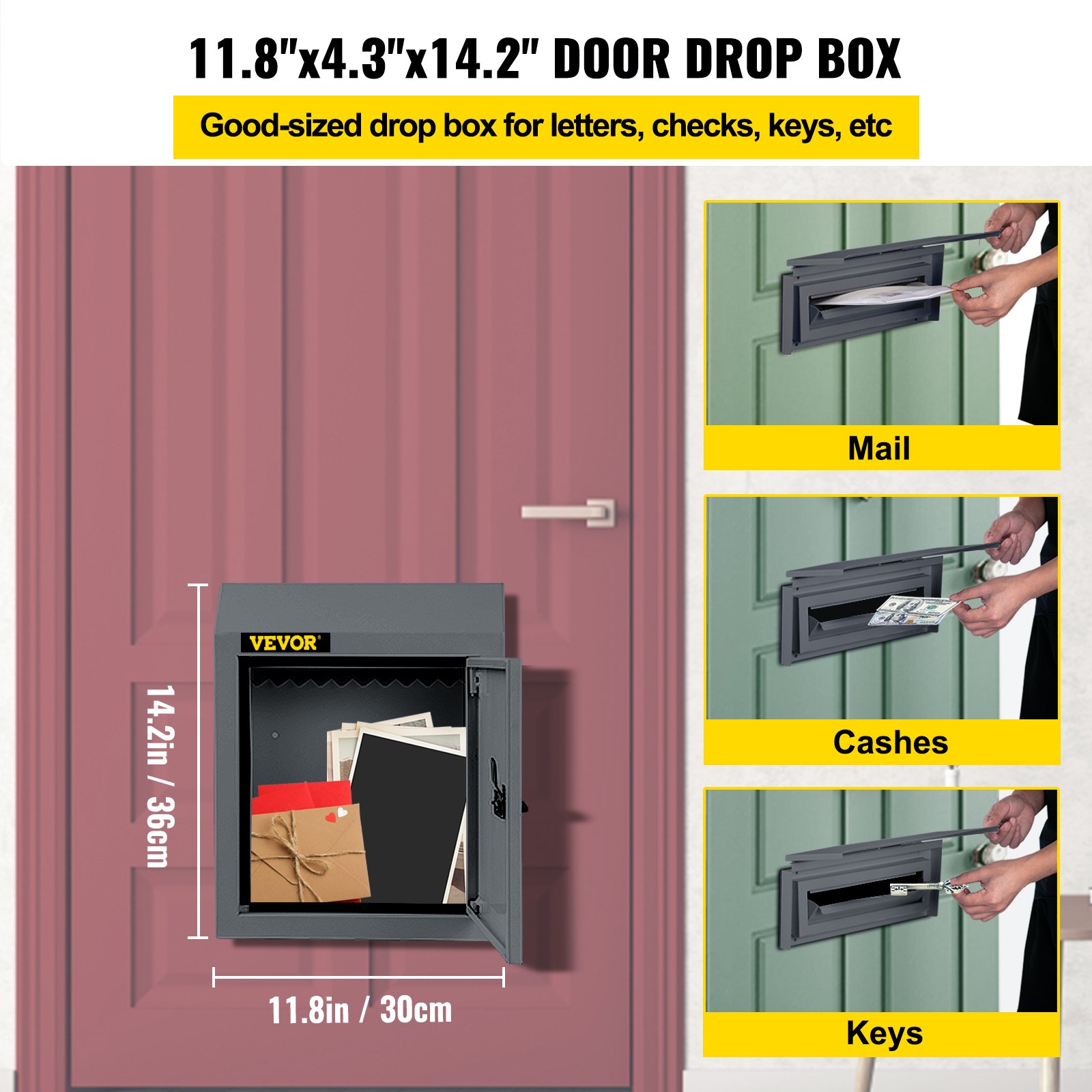 VEVOR Door Drop Box, 11.8'' x 4.3'' x 14.2'' Letterbox Mailbox w/1.77'' Chute & Code Lock, Rainproof Steel Mail Catcher for Depositing Keys, Rents, Checks, Gray, Large