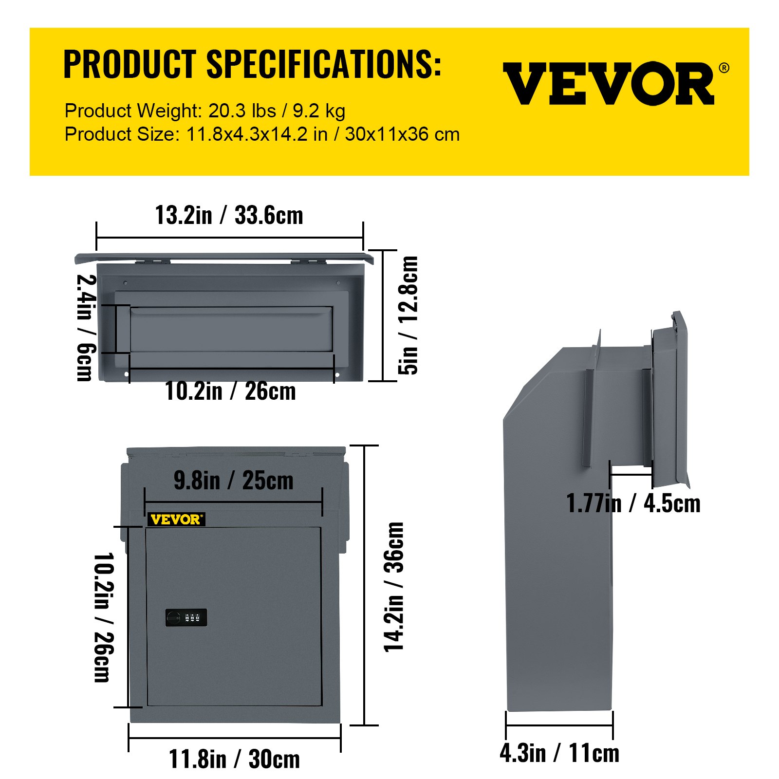 VEVOR Door Drop Box, 11.8'' x 4.3'' x 14.2'' Letterbox Mailbox w/1.77'' Chute & Code Lock, Rainproof Steel Mail Catcher for Depositing Keys, Rents, Checks, Gray, Large