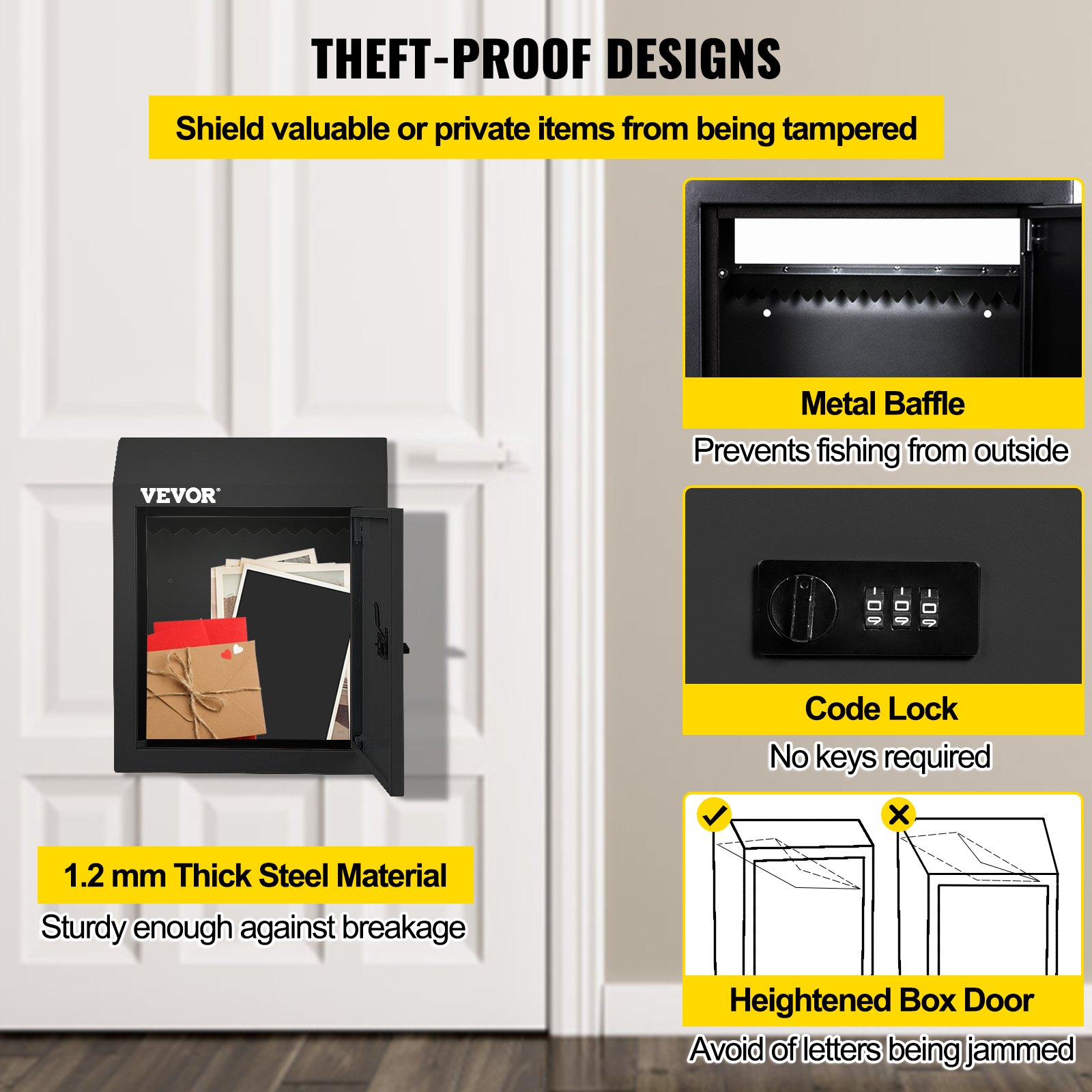 VEVOR Through-The-Door Locking Drop Box Door Drop Box 11.8''x4.3''x14.2'' Black