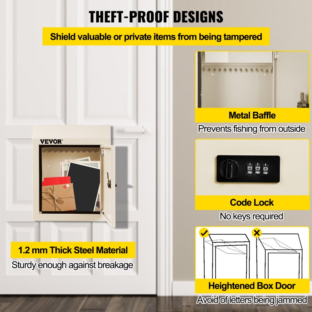 VEVOR Through-The-Door Locking Drop Box, 11.8\'\'x4.3\'\'x14.2\'\' Door Drop Box, Door Slot Mailbox with 1.77\'\' Chute & Code Lock, Rainproof Steel Mail Catcher for Depositing Mail, Keys, Rents, Chec
