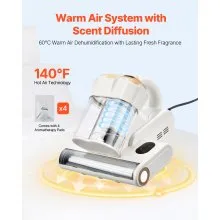 VEVOR Mattress Vacuum Cleaner, 550W Bed Vacuum Cleaner with 18Kpa Powerful Suction and Dual Dust Bin, HEPA Filter & Heating, Ultrasound Tech & Cleaning Lights, Handheld for Bed, Sofa, Corded, White