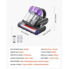 Aspiradora de colchón VEVOR de 550 W con potente succión de 18 kPa y doble depósito de polvo, filtro HEPA y calefacción, tecnología ultrasónica y luces de limpieza, de mano para cama y sofá, con cable, color gris.