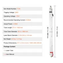 Tubo láser de CO2 VEVOR de 100 W y 57 in/1450 mm para corte por láser de vidrio de borosilicato