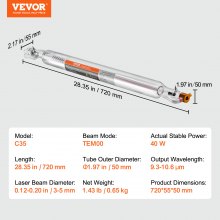 VEVOR Laser Tube, 40W CO2 Laser Tube for Laser Engraver and Cutter Machine, 720 mm Length, 50 mm Diameter, Glass Laser Cutting Tube with TEM00 Beam Mode, for Wood Acrylic Fabric Leather Bamboo