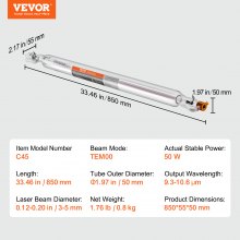 VEVOR laserputki 50 W CO2 laserputki 850 mm pituus 50 mm halkaisija laserkoneelle