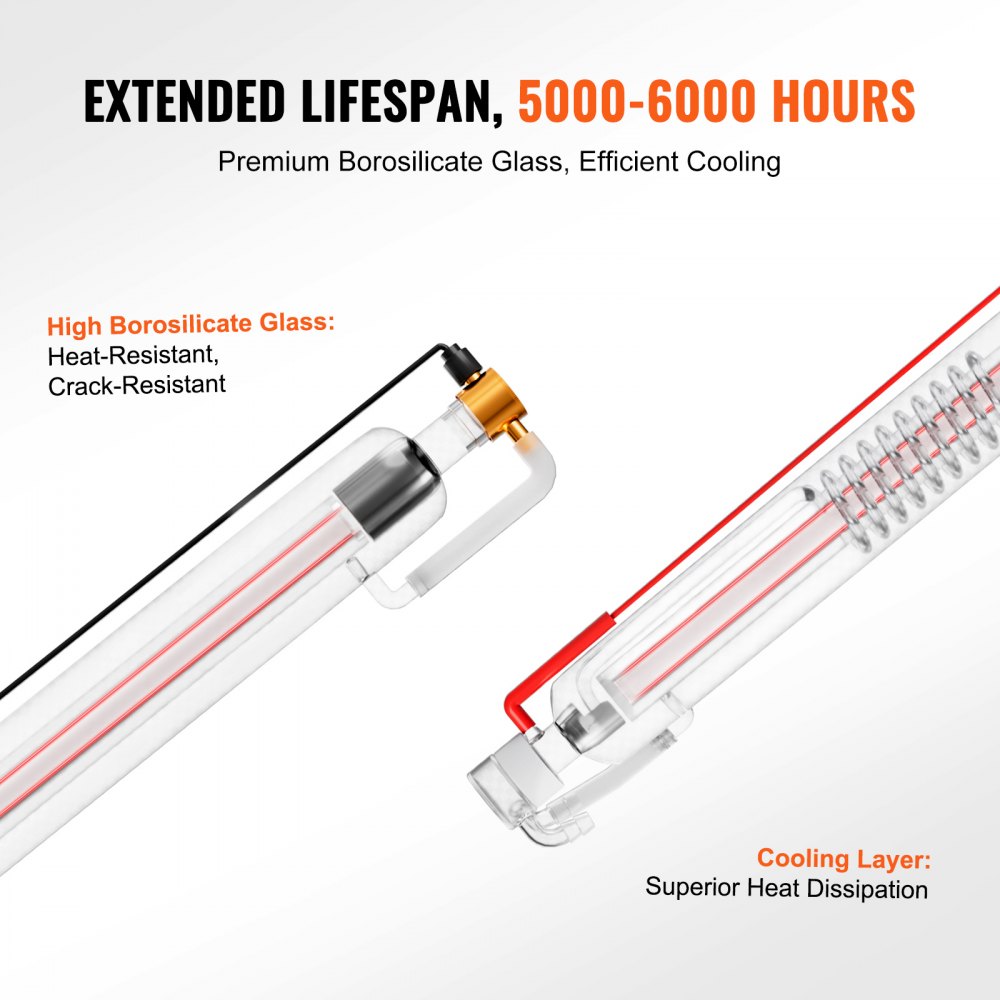 VEVOR 60W CO2 Laser Tube, 49.2 in (1250 mm) Length, 2 in (55 mm) Dia Borosilicate Glass Laser Cutter Tube with Metal Head, 5000-6000hr Wires Preconnected for Laser Engraver Engraving Cutting Machine