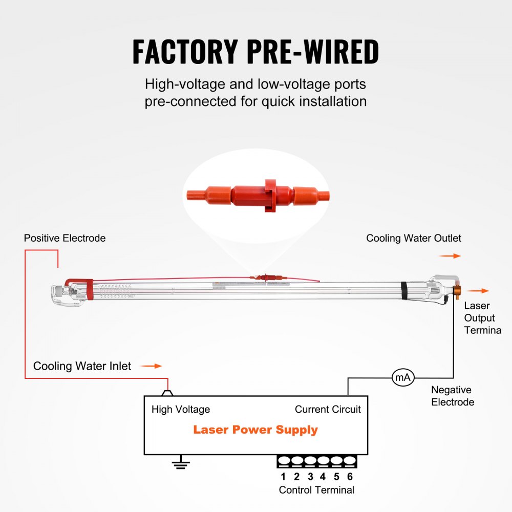 VEVOR 60W CO2 Laser Tube, 49.2 in (1250 mm) Length, 2 in (55 mm) Dia Borosilicate Glass Laser Cutter Tube with Metal Head, 5000-6000hr Wires Preconnected for Laser Engraver Engraving Cutting Machine