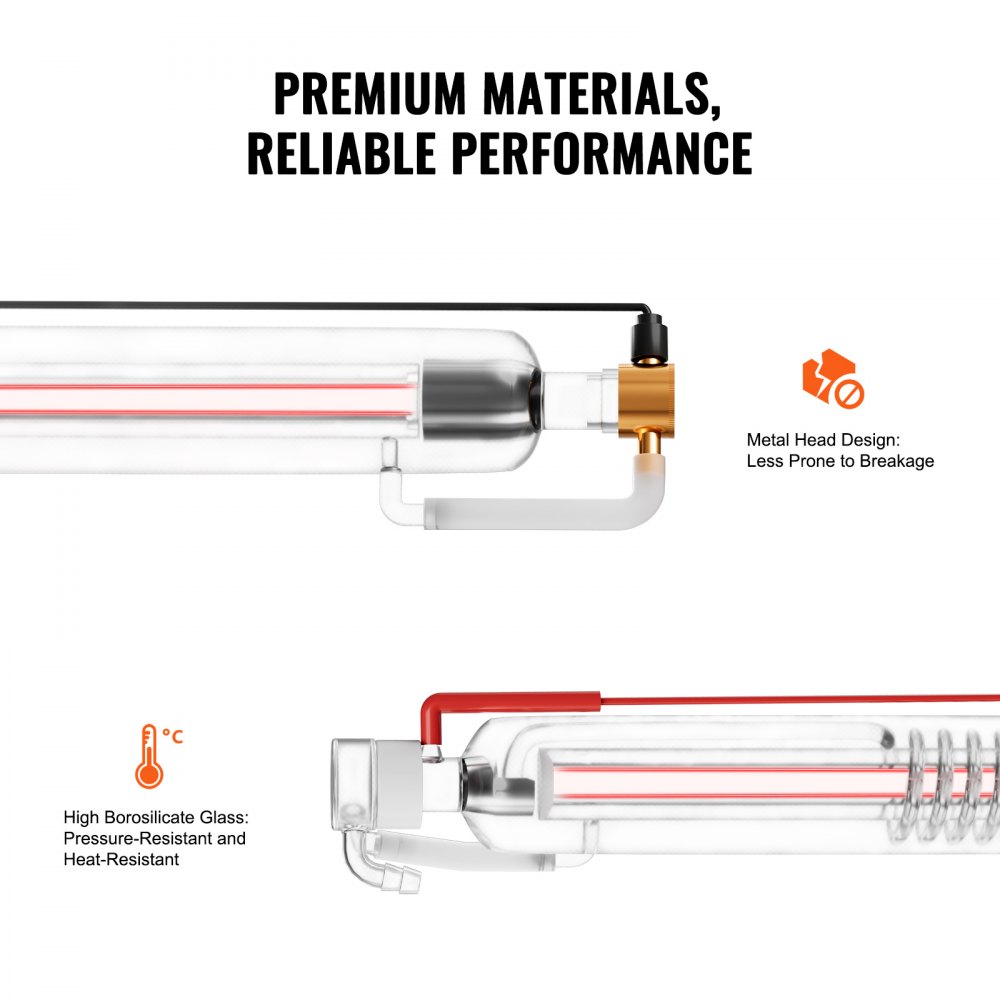 VEVOR 60W CO2 Laser Tube, 49.2 in (1250 mm) Length, 2 in (55 mm) Dia Borosilicate Glass Laser Cutter Tube with Metal Head, 5000-6000hr Wires Preconnected for Laser Engraver Engraving Cutting Machine