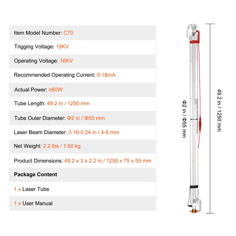 VEVOR 60W CO2 Laser Tube, 49.2 in (1250 mm) Length, 2 in (55 mm) Dia Borosilicate Glass Laser Cutter Tube with Metal Head, 5000-6000hr Wires Preconnected for Laser Engraver Engraving Cutting Machine