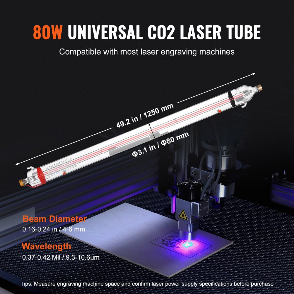 VEVOR 90W CO2 Laser Tube, 49.2 in (1250 mm) Length, 3.1 in (80 mm) Dia Borosilicate Glass Laser Cutter Tube with Metal Head, 10,000hr Wires Preconnected for Laser Engraver Engraving Cutting Machine