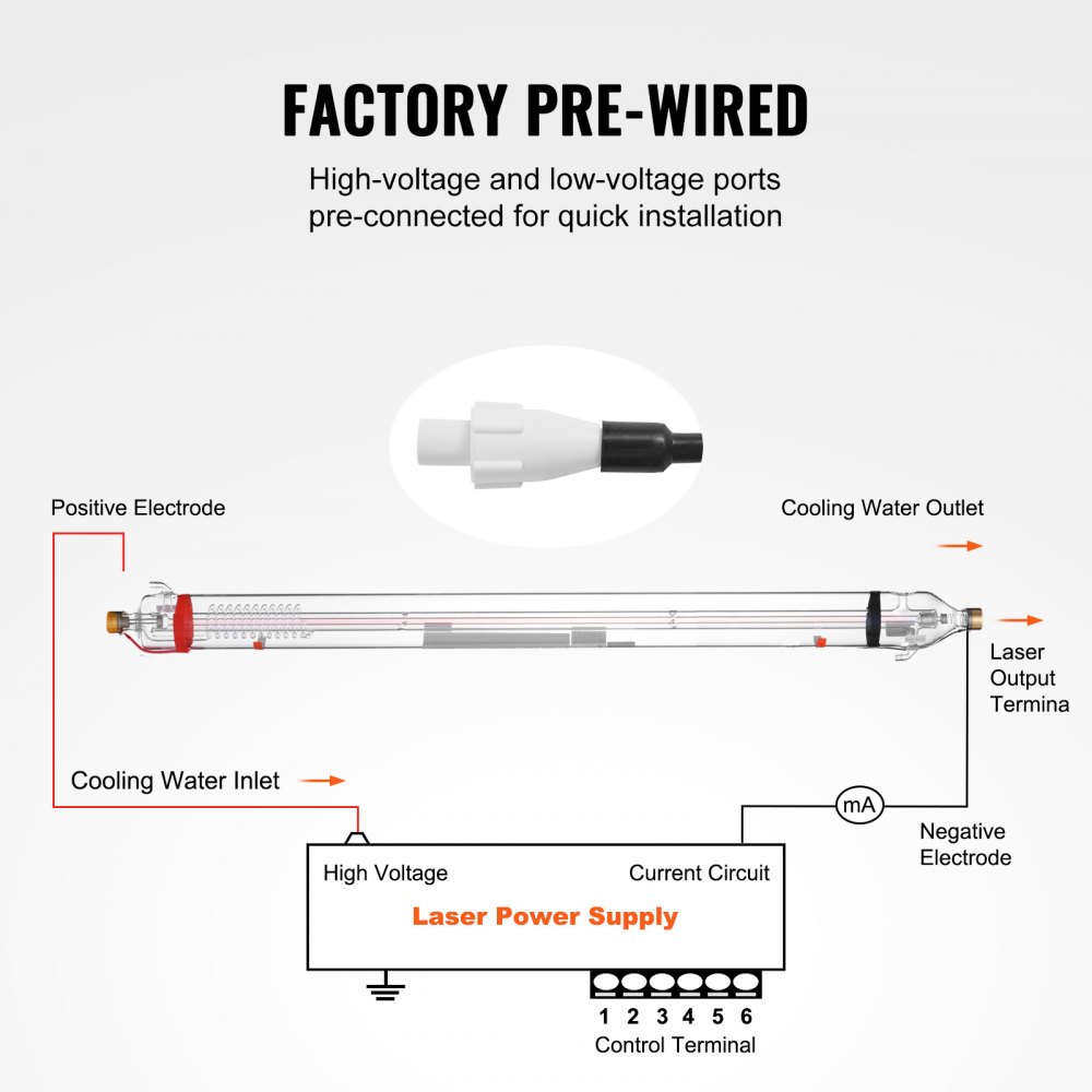 VEVOR 90W CO2 Laser Tube, 49.2 in (1250 mm) Length, 3.1 in (80 mm) Dia Borosilicate Glass Laser Cutter Tube with Metal Head, 10,000hr Wires Preconnected for Laser Engraver Engraving Cutting Machine