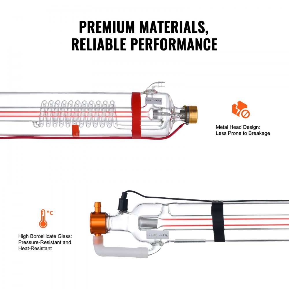 VEVOR 90W CO2 Laser Tube, 49.2 in (1250 mm) Length, 3.1 in (80 mm) Dia Borosilicate Glass Laser Cutter Tube with Metal Head, 10,000hr Wires Preconnected for Laser Engraver Engraving Cutting Machine