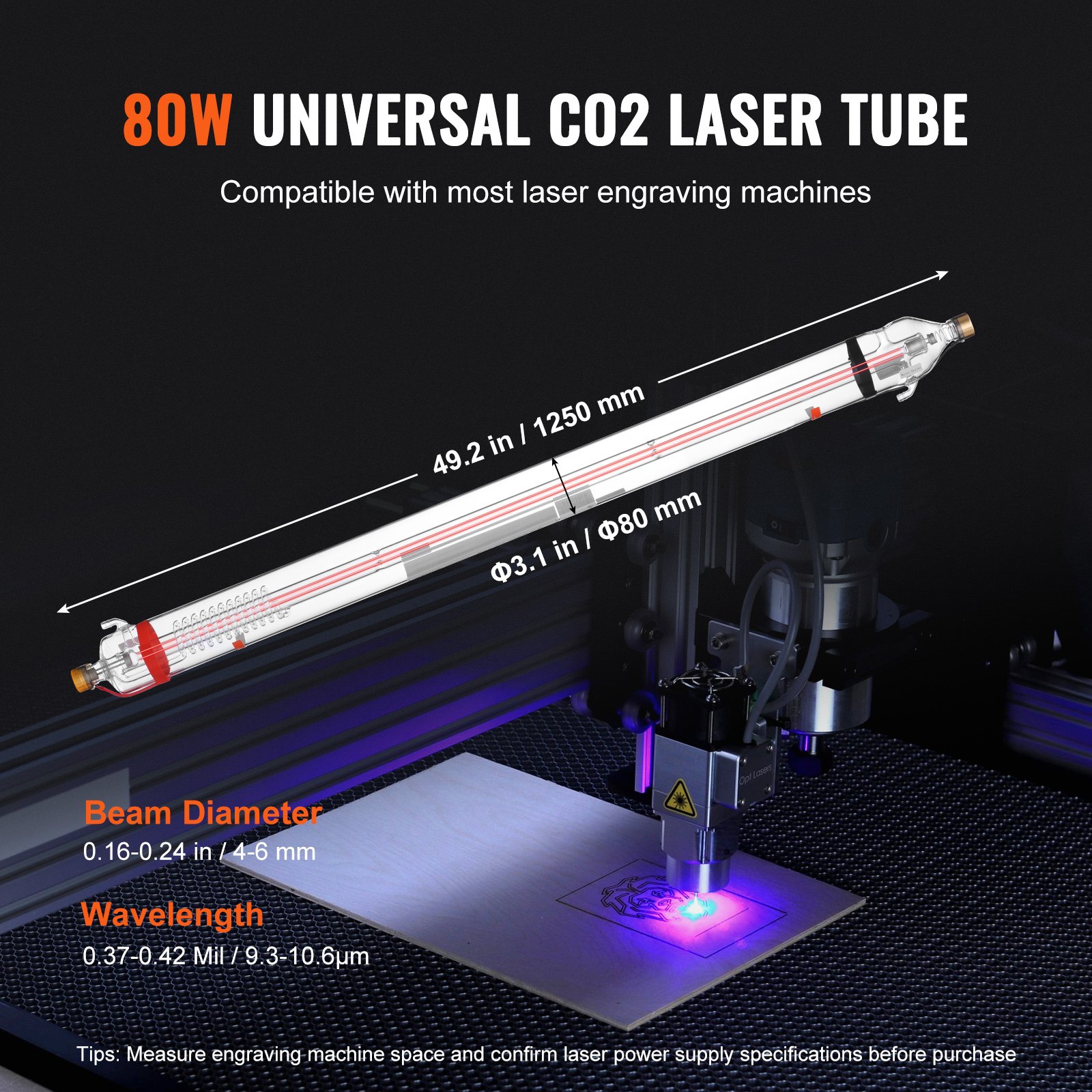 VEVOR 90W CO2 Laser Tube, 49.2 in (1250 mm) Length, 3.1 in (80 mm) Dia Borosilicate Glass Laser Cutter Tube with Metal Head, 10,000hr Wires Preconnected for Laser Engraver Engraving Cutting Machine
