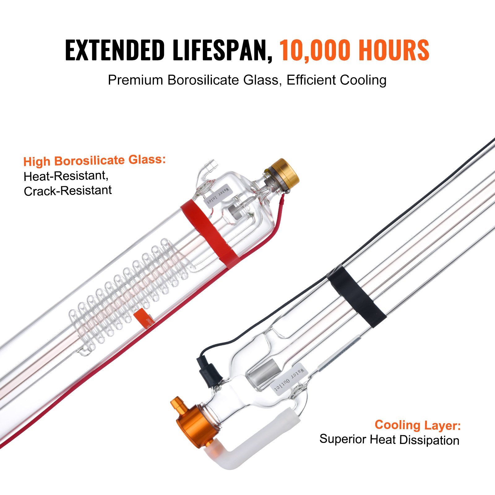 VEVOR 90W CO2 Laser Tube, 49.2 in (1250 mm) Length, 3.1 in (80 mm) Dia Borosilicate Glass Laser Cutter Tube with Metal Head, 10,000hr Wires Preconnected for Laser Engraver Engraving Cutting Machine