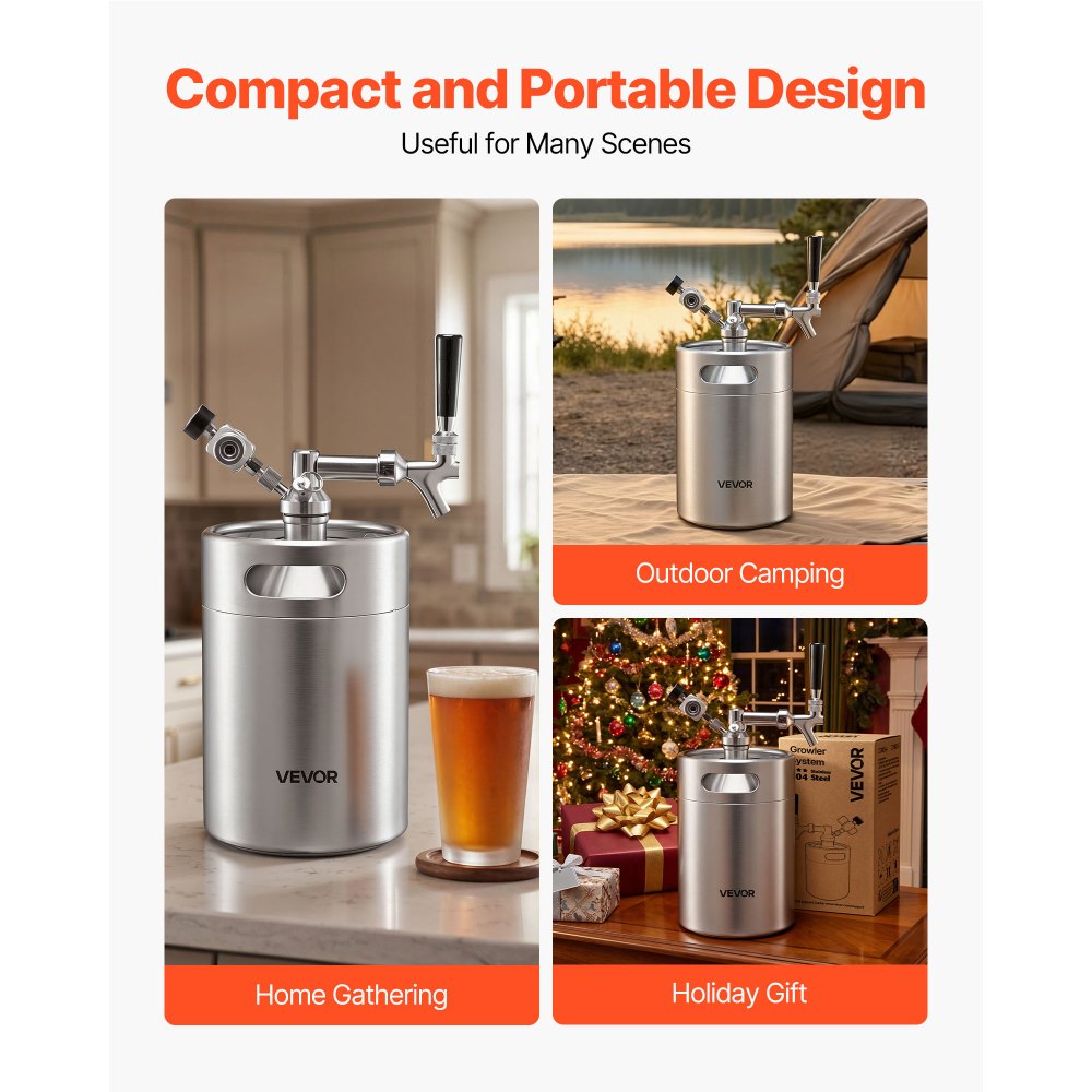 VEVOR 5L Mini Keg, Pressurized Growler Tap System, 304 Stainless Steel Beer Kit, with Co2 Regulator, Self-Closing Faucet, Keeps Fresh and Carbonation for Homebrew, Craft and Draft Beer