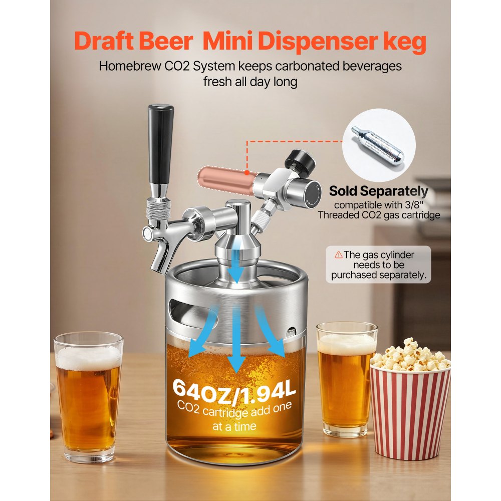 VEVOR 1.94L Mini Keg, Pressurized Growler Tap System, 304 Stainless Steel Beer Kit, with Co2 Regulator, Self-Closing Faucet, Keeps Fresh and Carbonation for Homebrew, Craft and Draft Beer