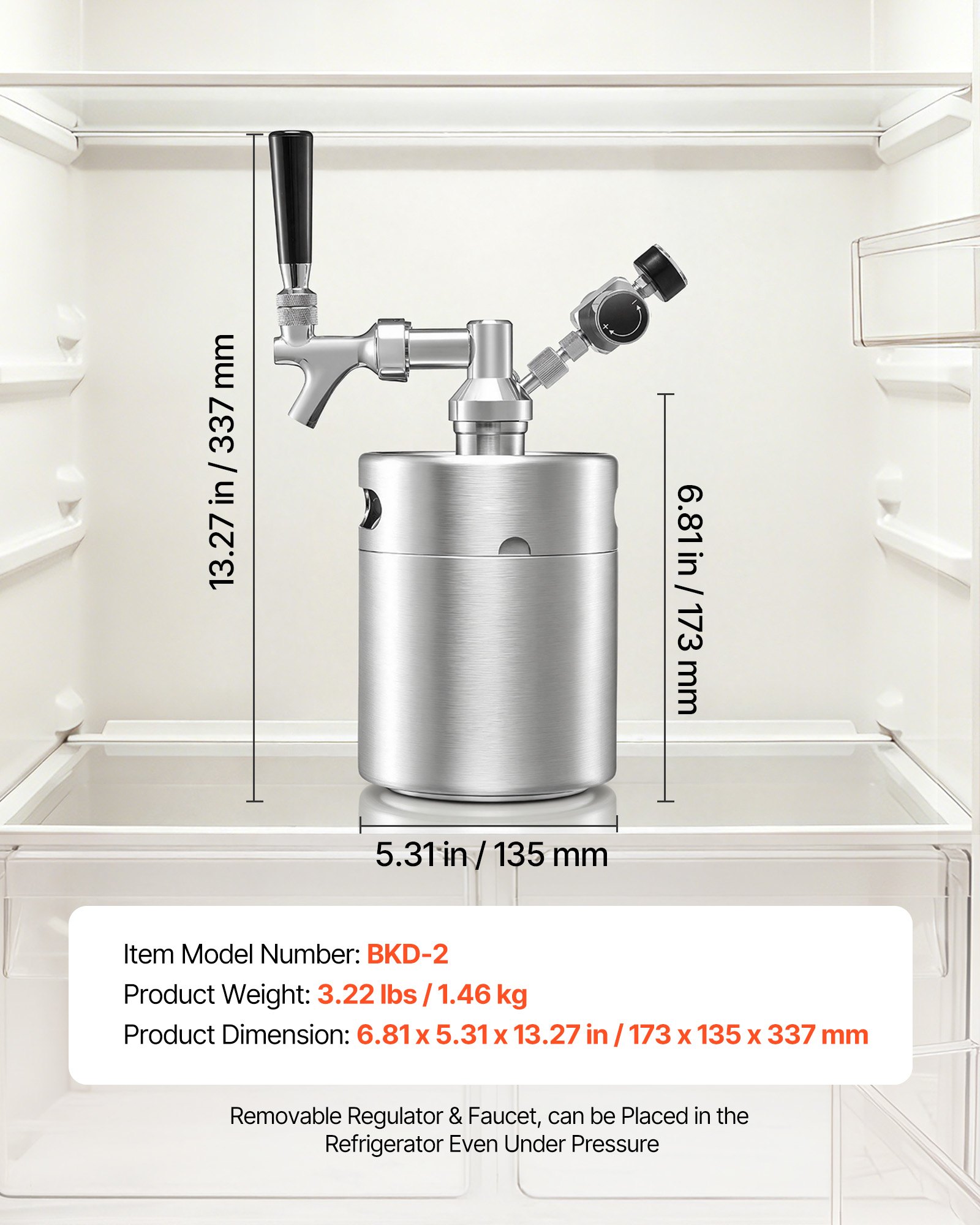 VEVOR 1.94L Mini Keg, Pressurized Growler Tap System, 304 Stainless Steel Beer Kit, with Co2 Regulator, Self-Closing Faucet, Keeps Fresh and Carbonation for Homebrew, Craft and Draft Beer