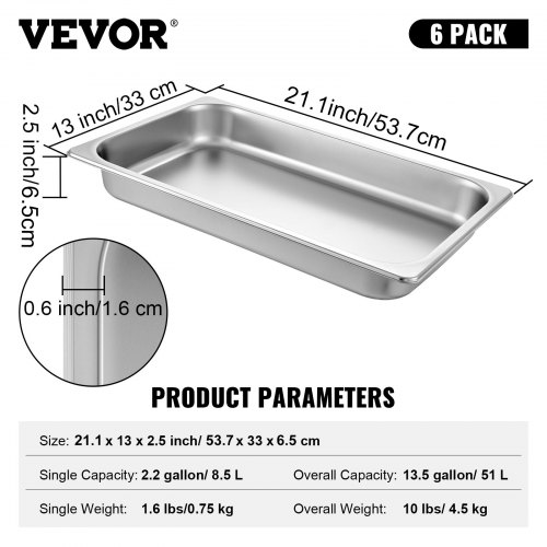 VEVOR 6 Pack Steam Table Pans 20.9 x 12.8 x 2.6 Inch Deep Steam Table Pan Full Size 8.5L Deep Food Container Stainless Steel Oven Tray Hotel Pans Anti-Jam Steam Table Food Pan