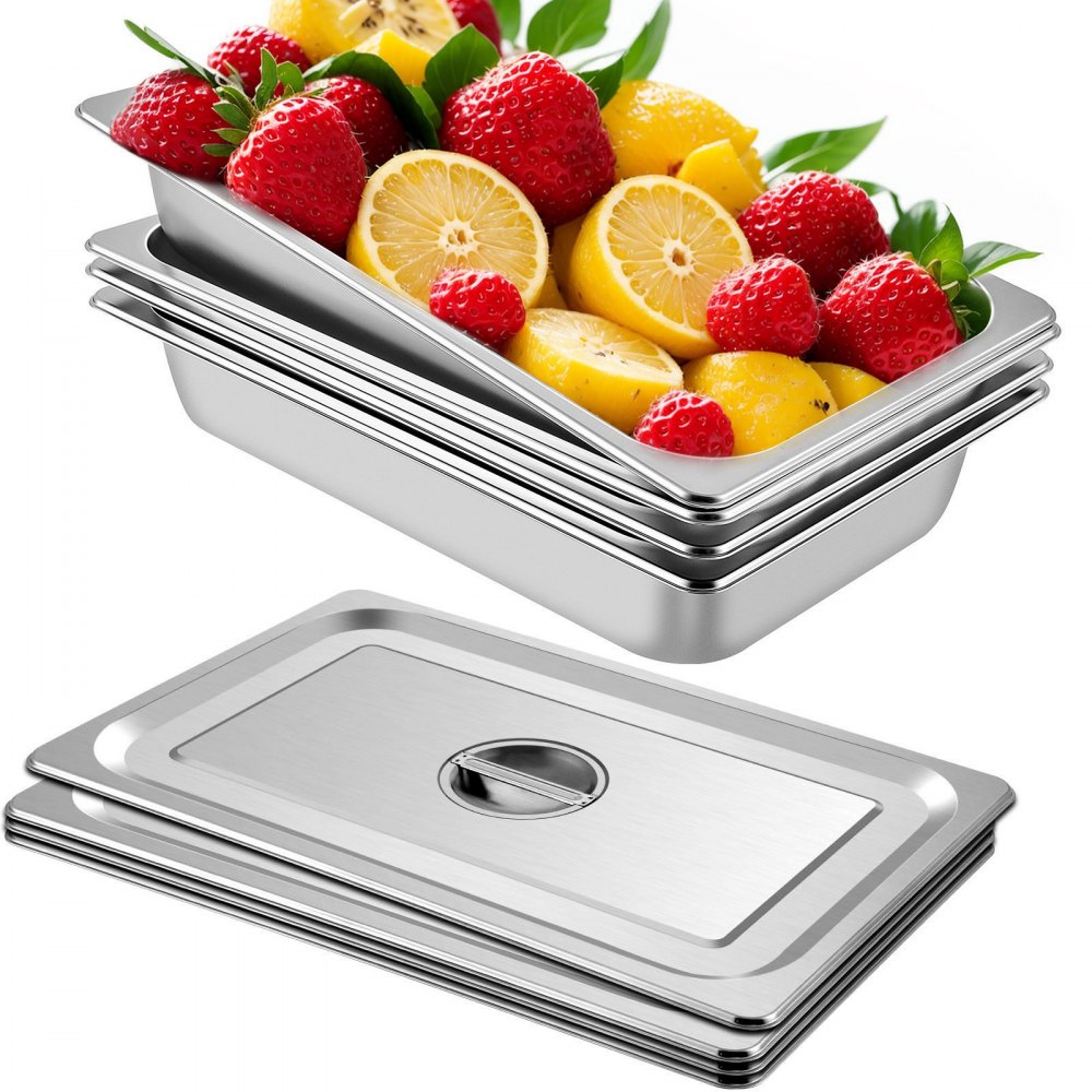 stacked VEVOR steam table pans filled with fresh strawberries and lemon slices.