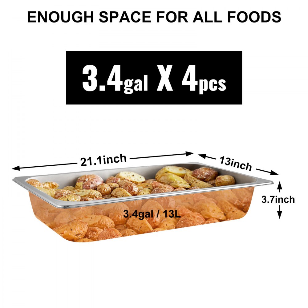 VEVOR 4 Pack Steam Table Pans 20.9 x 12.8 x 3.9 Inch Deep Steam Table Pan Full Size 13L Deep Food Container Stainless Steel Oven Tray Hotel Pans Anti-Jam Steam Table Food Pan