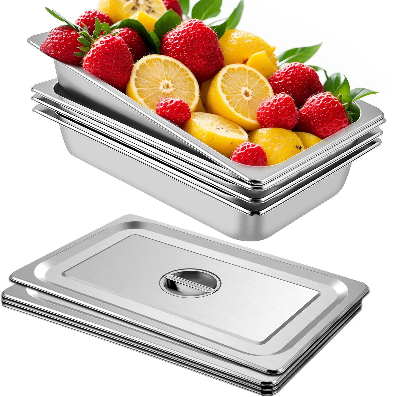 VEVOR 4 Pack Hotel Pan 3.7" Deep Steam Table Pan Full Size with Lid 20.8"L x 13"W Hotel Pan 22 Gauge Stainless Steel Anti Jam Steam Table Pan