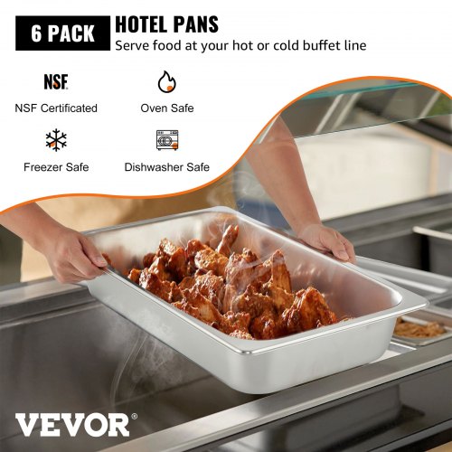 VEVOR 6 Pack Steam Table Pans 20.9 x 12.8 x 3.9 Inch Deep Steam Table Pan Full Size 13L Deep Food Container Stainless Steel Oven Tray Hotel Pans Anti-Jam Steam Table Food Pan