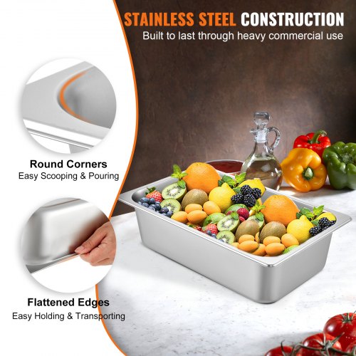VEVOR Hotel Pan Full Size 6-Inch, Steam Table Pan 6 Pack, 22 Gauge/0.8mm Thick Stainless Steel Full Size Hotel Pan Anti Jam Steam Table Pan
