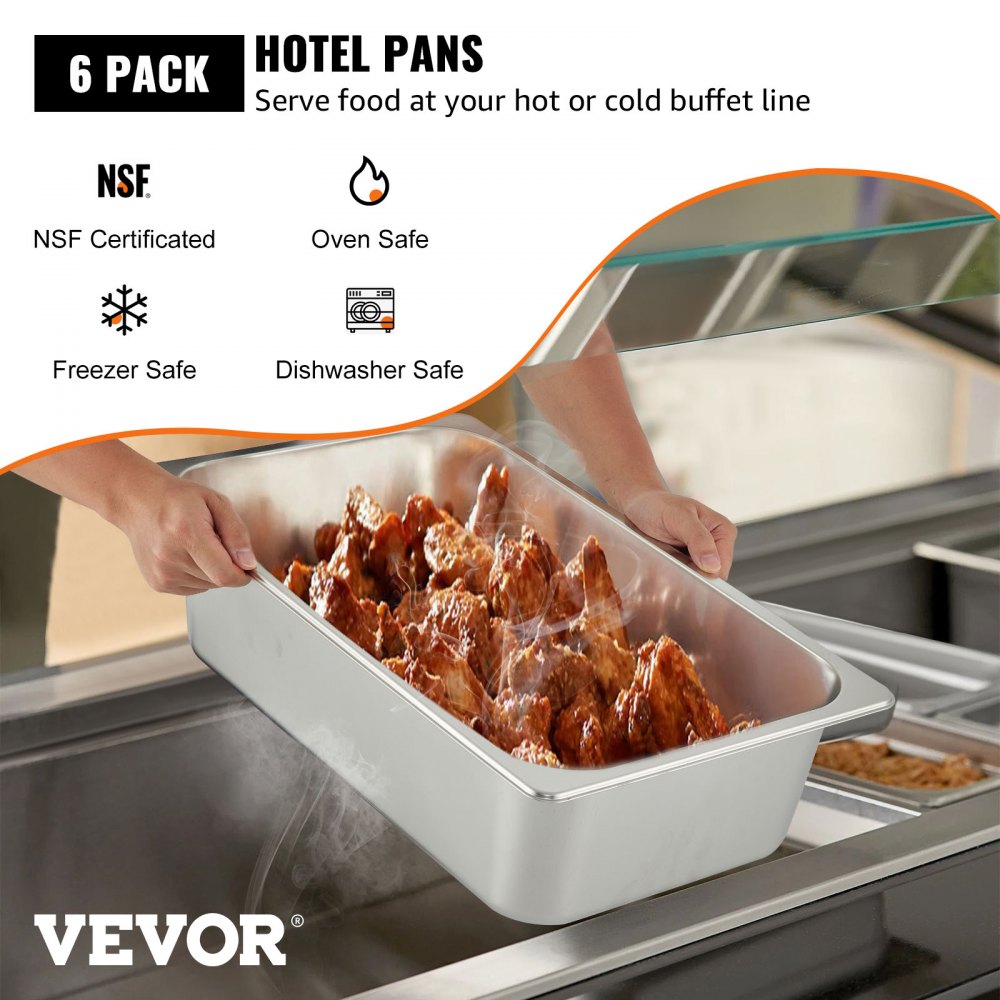 VEVOR VEVOR 6 Pack Steam Table Pans 20.9 x 12.8 x 5.9 Inch Deep Steam Table  Pan Full Size 20.5L Deep Food Container Stainless Steel Oven Tray Hotel  Pans Anti-Jam Steam Table