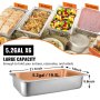 VEVOR steam table pans with labeled compartments for bread, entrees, fruit, and ice cream.