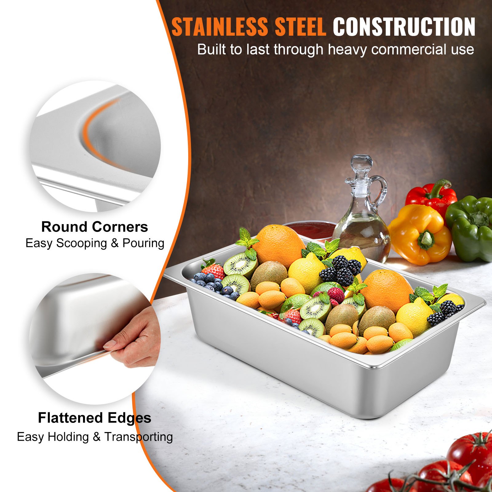 VEVOR steam table pans with fruits, round corners, and flattened edges on kitchen counter.