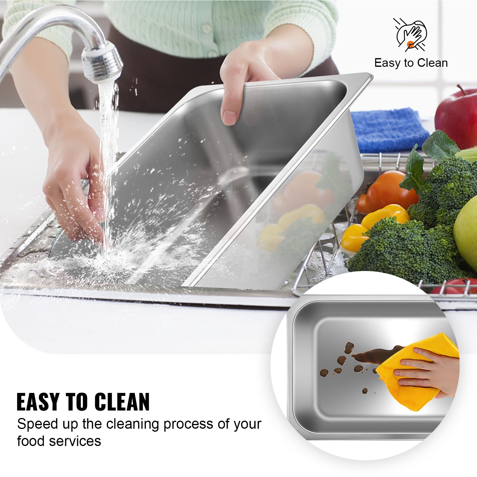 washing VEVOR steam table pans under a faucet, showcasing easy cleaning process.