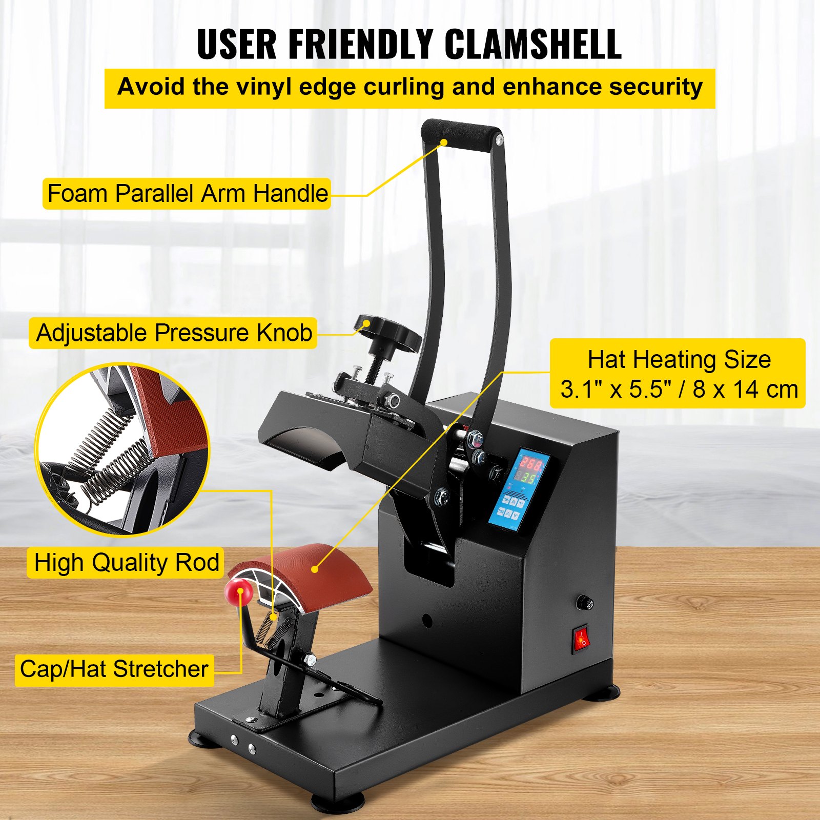 VEVOR Heat Press 6x3.75Inch Curved Element Hat Press Clamshell Design Heat Press for Hats Rigid Steel Frame No Stick Digital LCD Timer and Temperature Control (6x3.75Inch Clamshell Design)