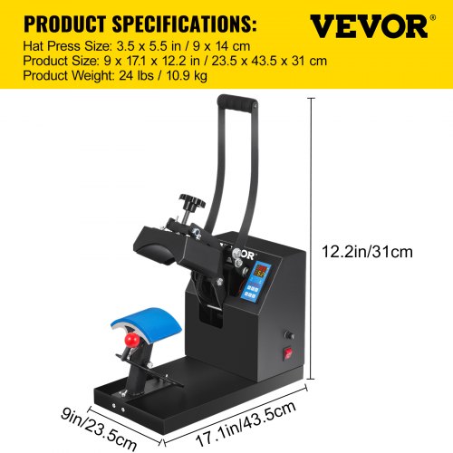 VEVOR Hat Heat Press 5.5 x 3.5 inch Heat Press Machine 600W Professional Hat Heat Press Machine for Hats Caps Transfer Press Heat with 12000 Hours Life Digital LCD Timer and Temperature Control