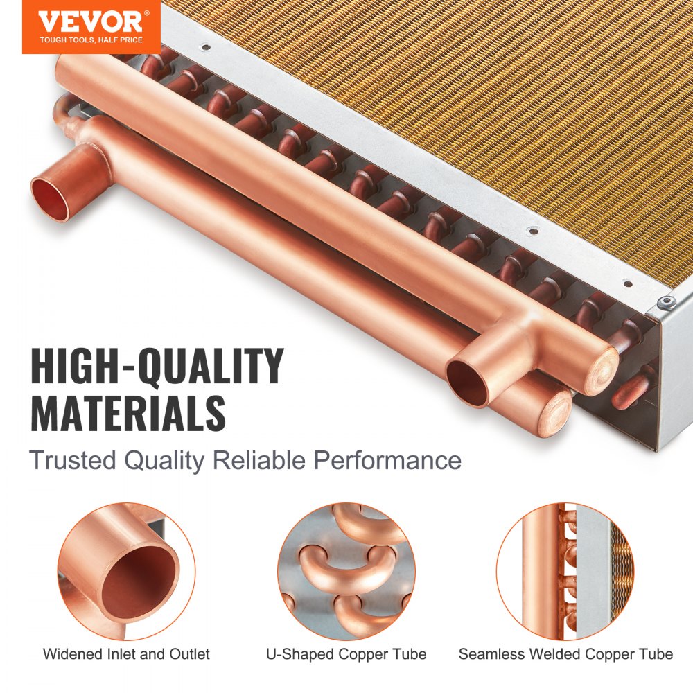 VEVOR 16"x 16"/40.6 x 40.6 cm Heat Exchanger Water to Air 3-Row 3/8"/ 1 cm Copper Ports 193 Fins