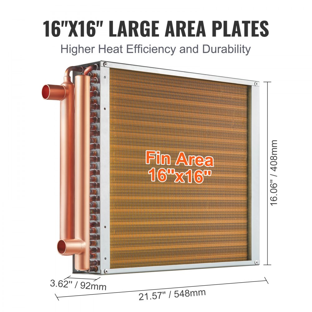 VEVOR 16"x 16"/40.6 x 40.6 cm Heat Exchanger Water to Air 3-Row 3/8"/ 1 cm Copper Ports 193 Fins