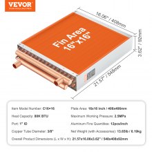 VEVOR Heat Exchanger Water to Air, 16"x 16" with 3-Row 3/8" Copper Ports, 193 Aluminum Fins Heat Exchanger for Outdoor Wood Furnaces, Residential Heating and Cooling, and Forced Air Heating