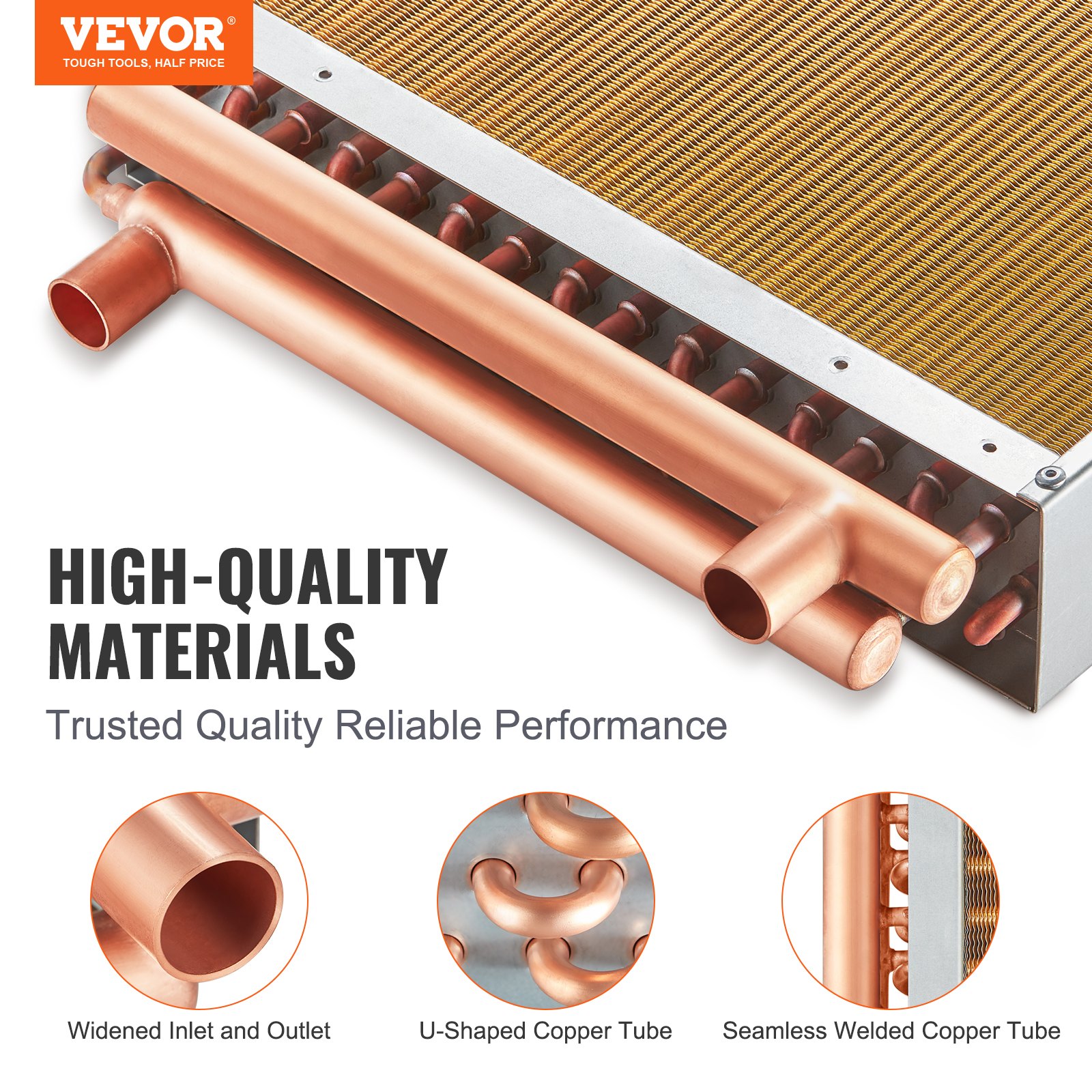 VEVOR 16"x 16"/40.6 x 40.6 cm Heat Exchanger Water to Air 3-Row 3/8"/ 1 cm Copper Ports 193 Fins